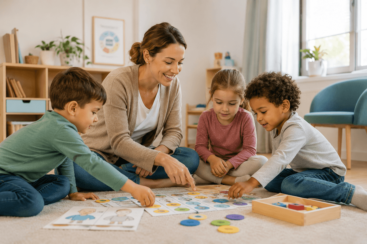 Fachkraft mit Kindern in der Förderung