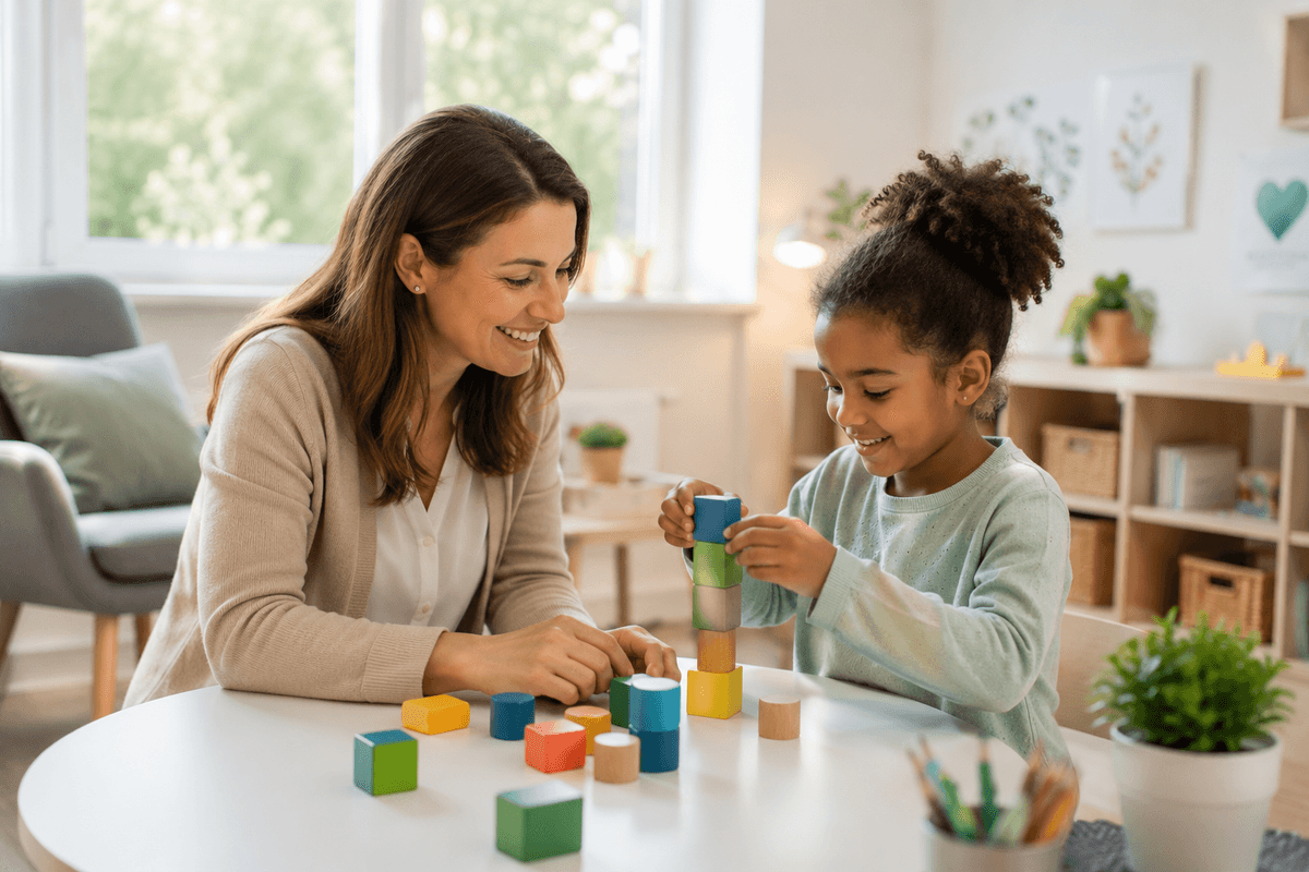 Therapeutin und Kind spielen mit Bausteinen
